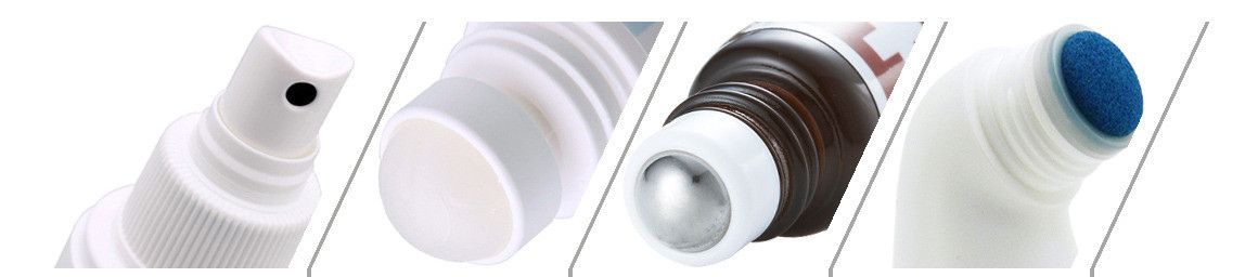 Four applicator heads: spray, plastic roller ball, steel ball and massage head
