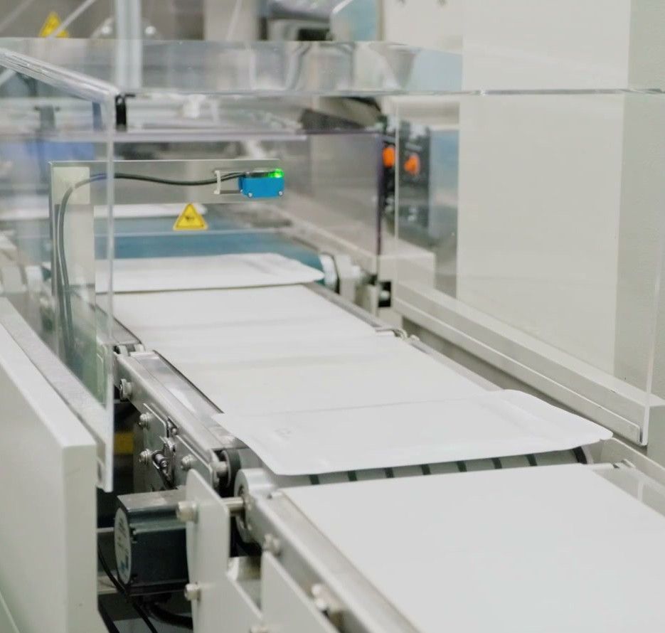 Pouches moving along a packaging conveyor